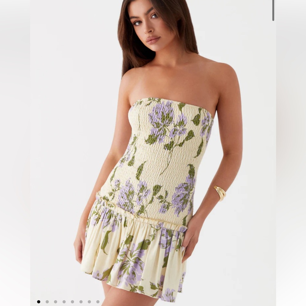 Peopermayo break from Toronto linen mini dress- yellow purple floral